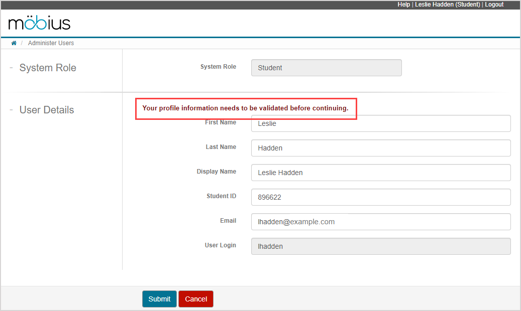 User profle details are shown with a message asking the user to validate the profile information shown on the page.